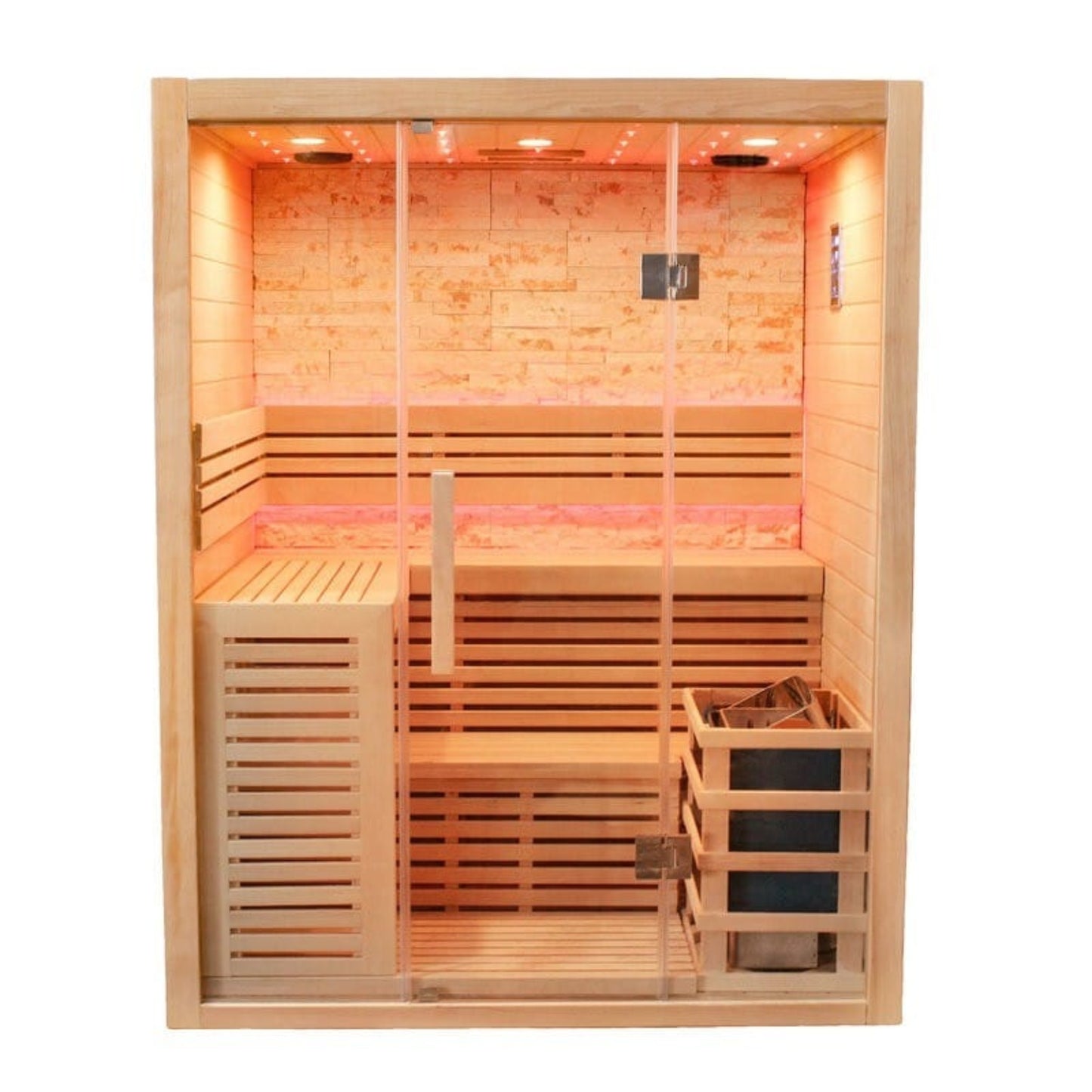 Wooden sauna with interior lights