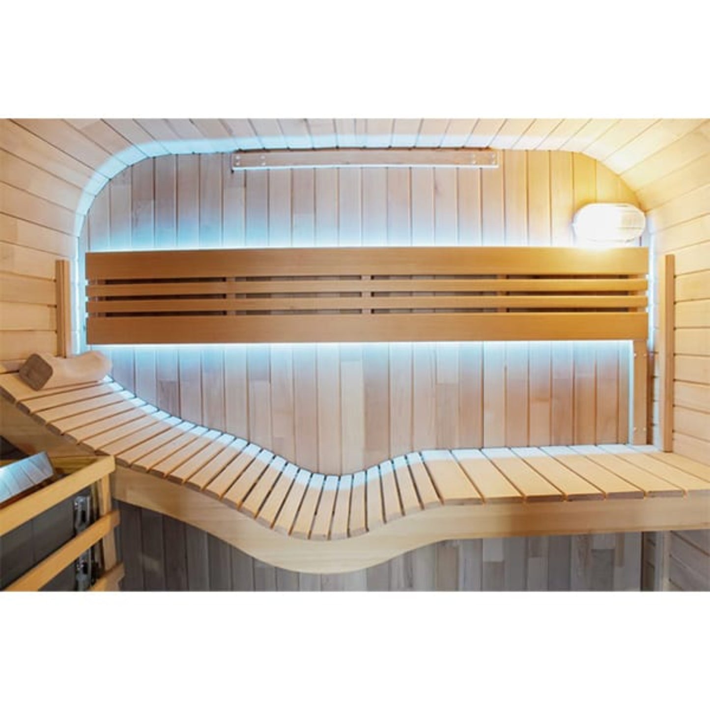 Wooden bench in a sauna with wooden walls and ceiling.