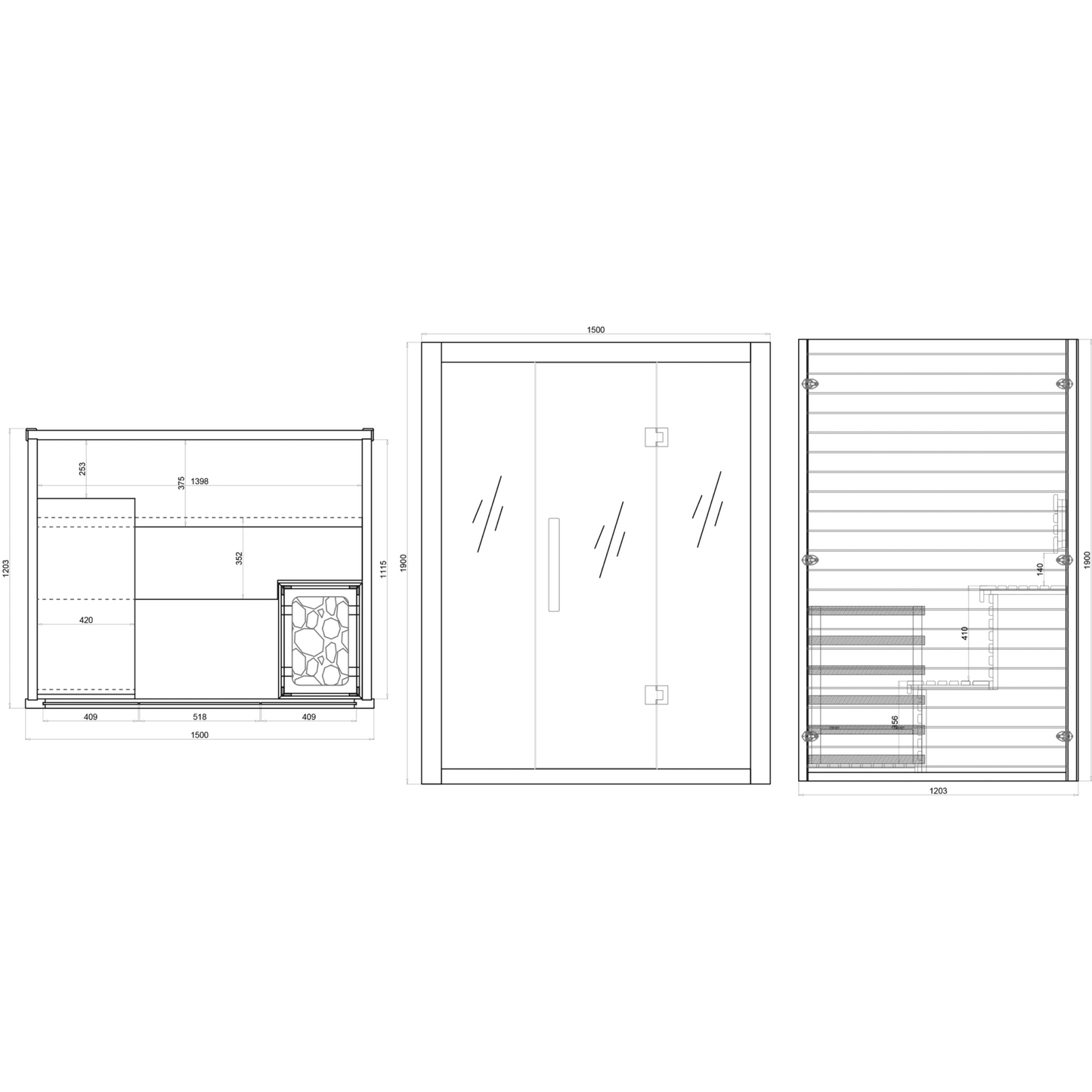 Technical drawing of Centuraheat Luxury 3 - 4 Person Steam Indoor Sauna