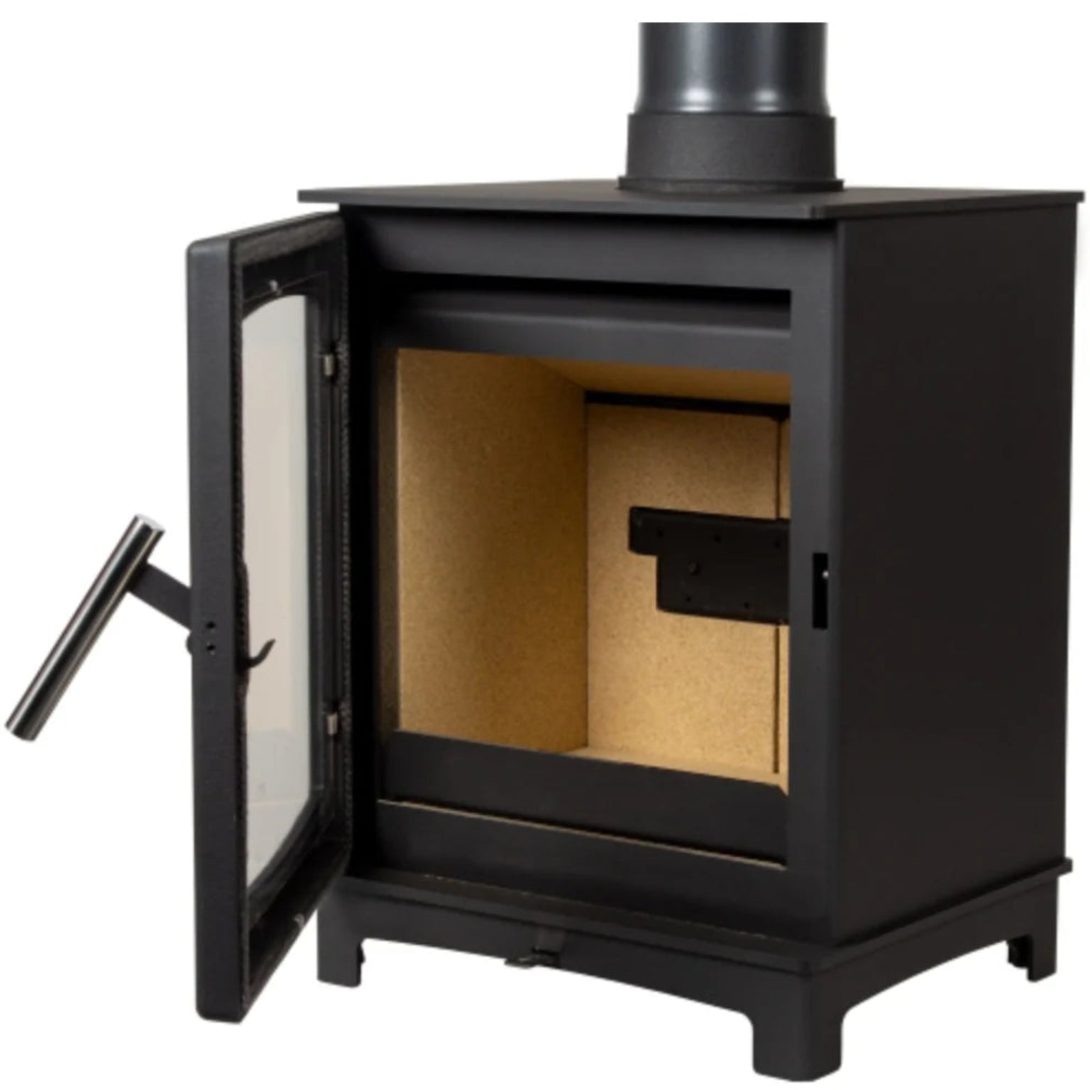 Black wood stove with open door 