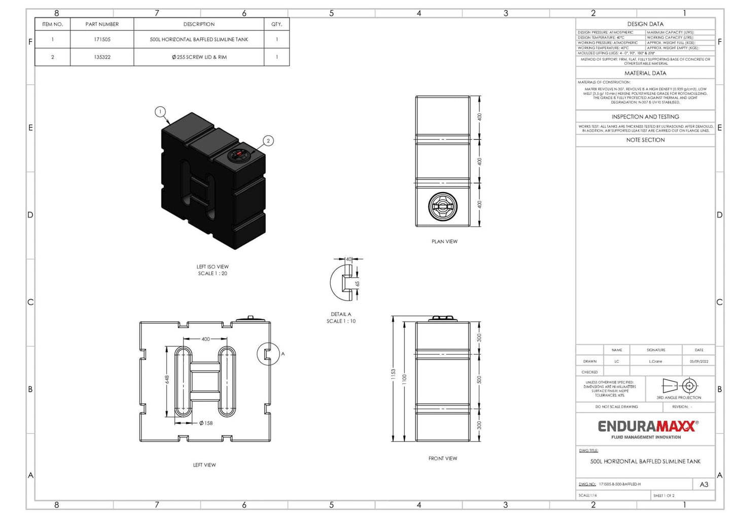 500 Litre Baffled Horizontal Water Tank