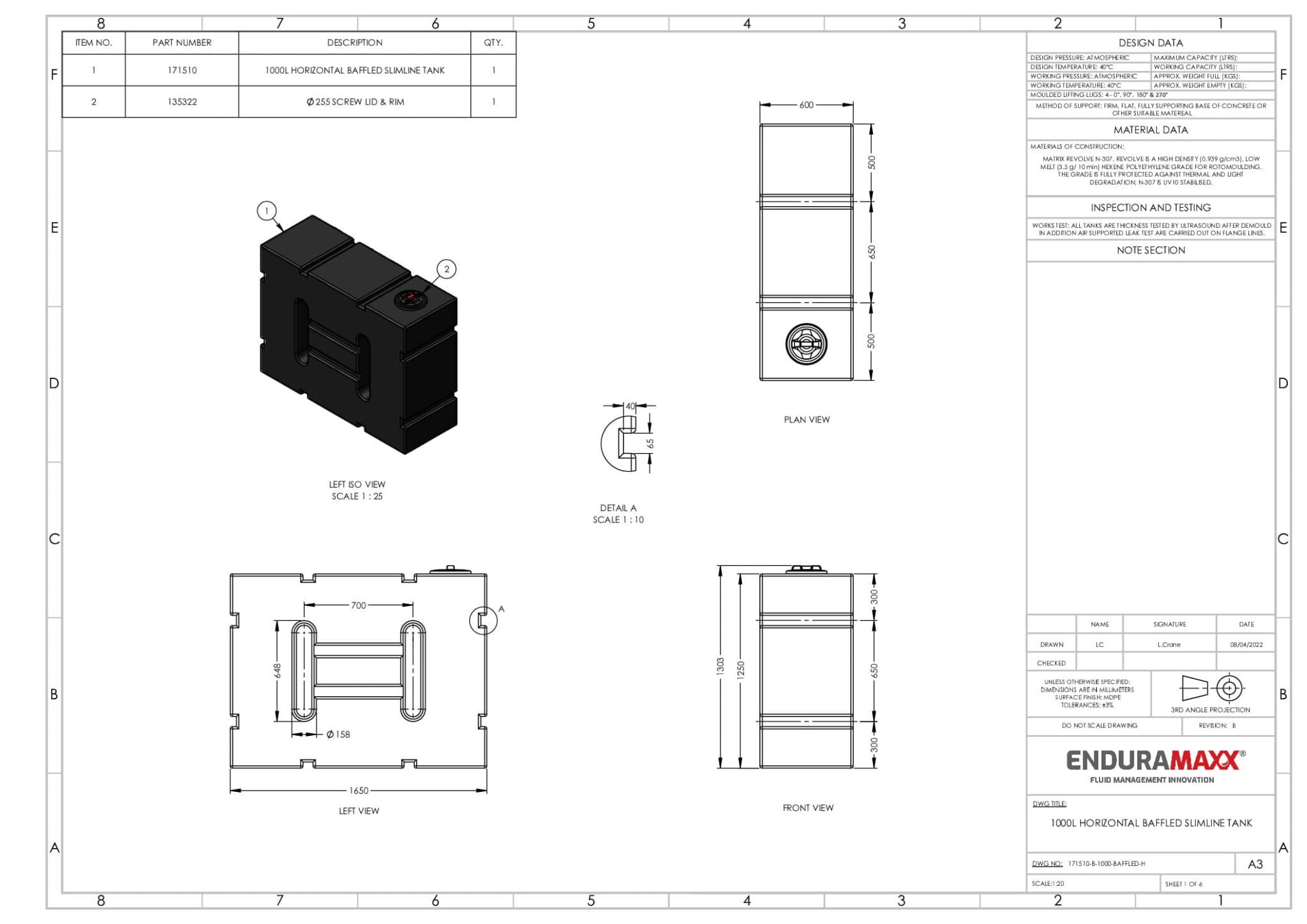 1000 Litre Baffled Horizontal Water Tank
