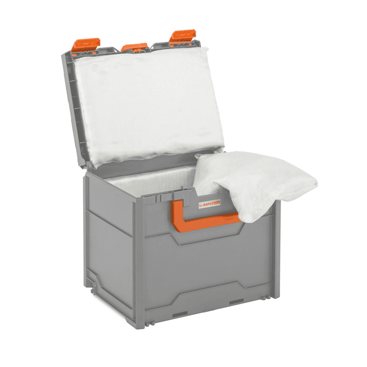 Gray storage box with orange handles 