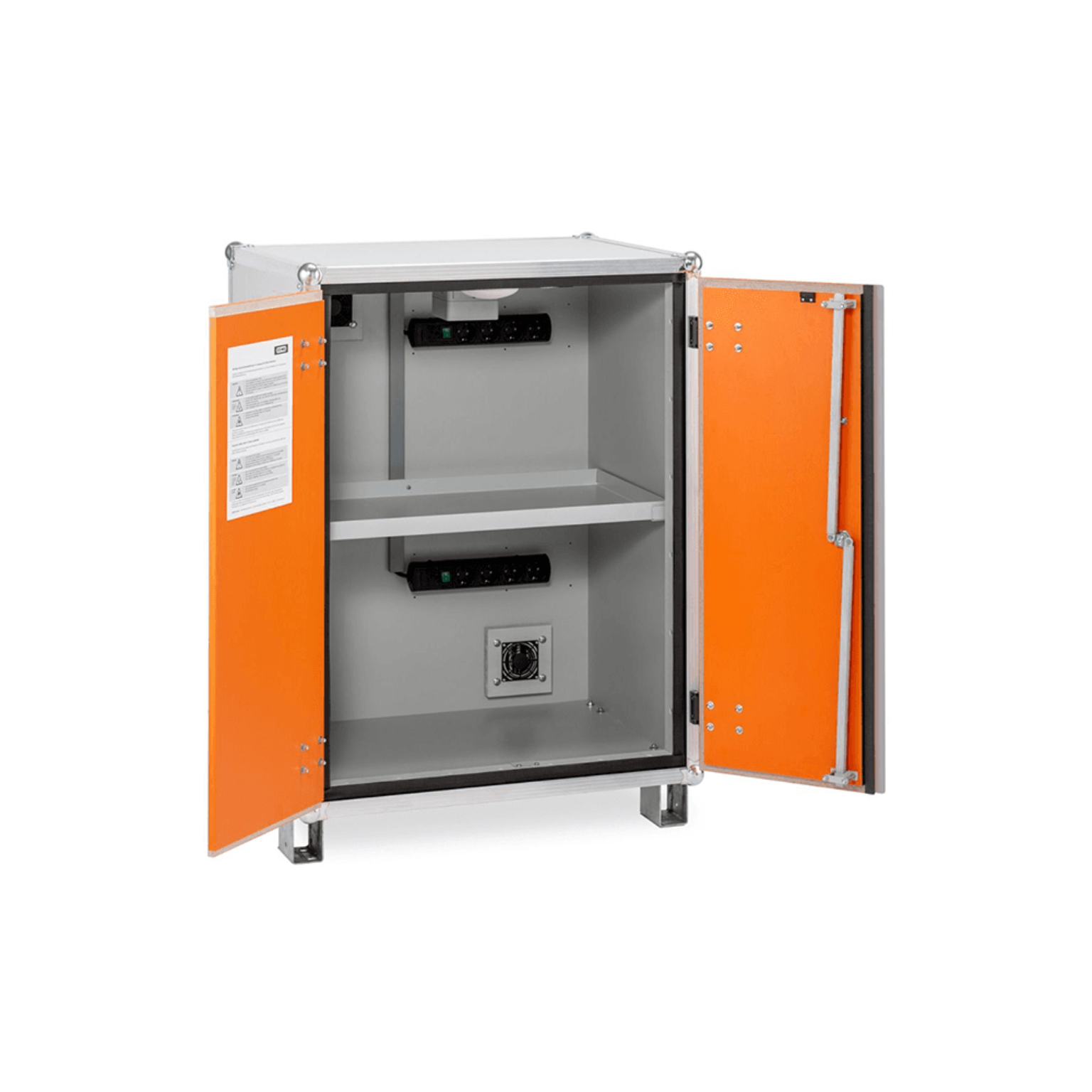Orange industrial cabinet with open doors 