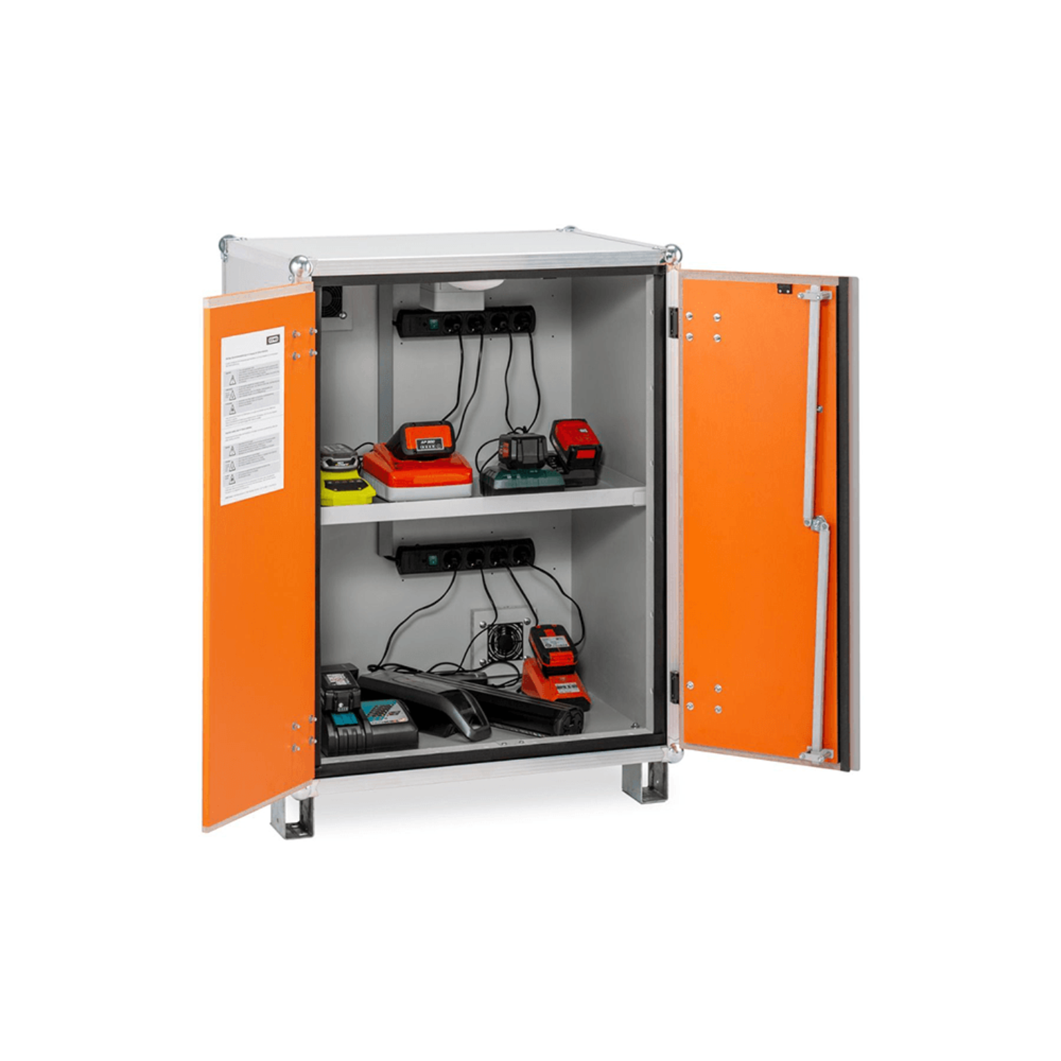 Orange battery cabinet with open doors showing electronic equipment inside