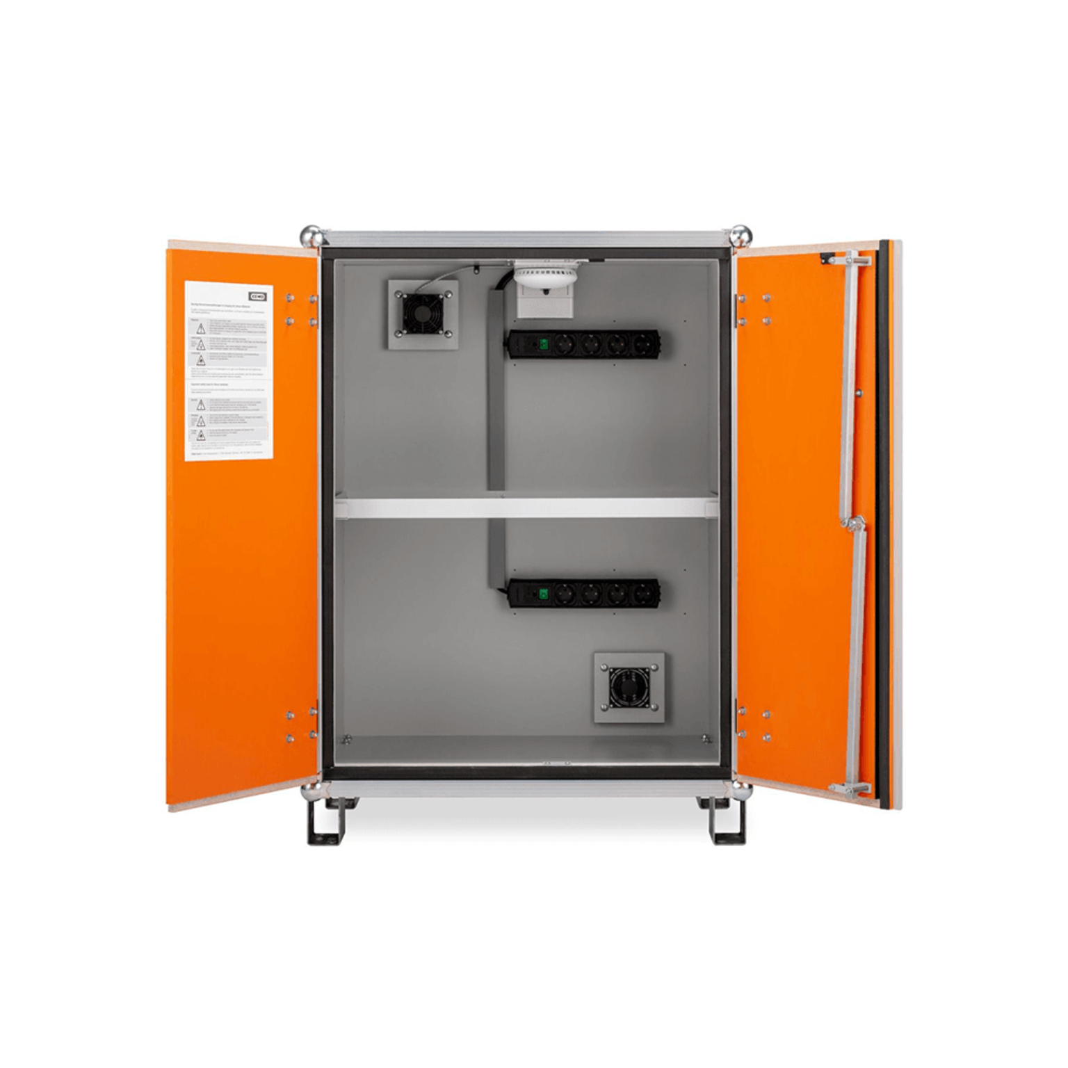 Orange and gray industrial cabinet with open doors 