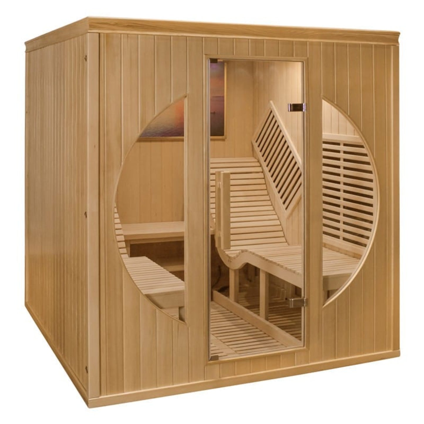 Wooden sauna with benches inside