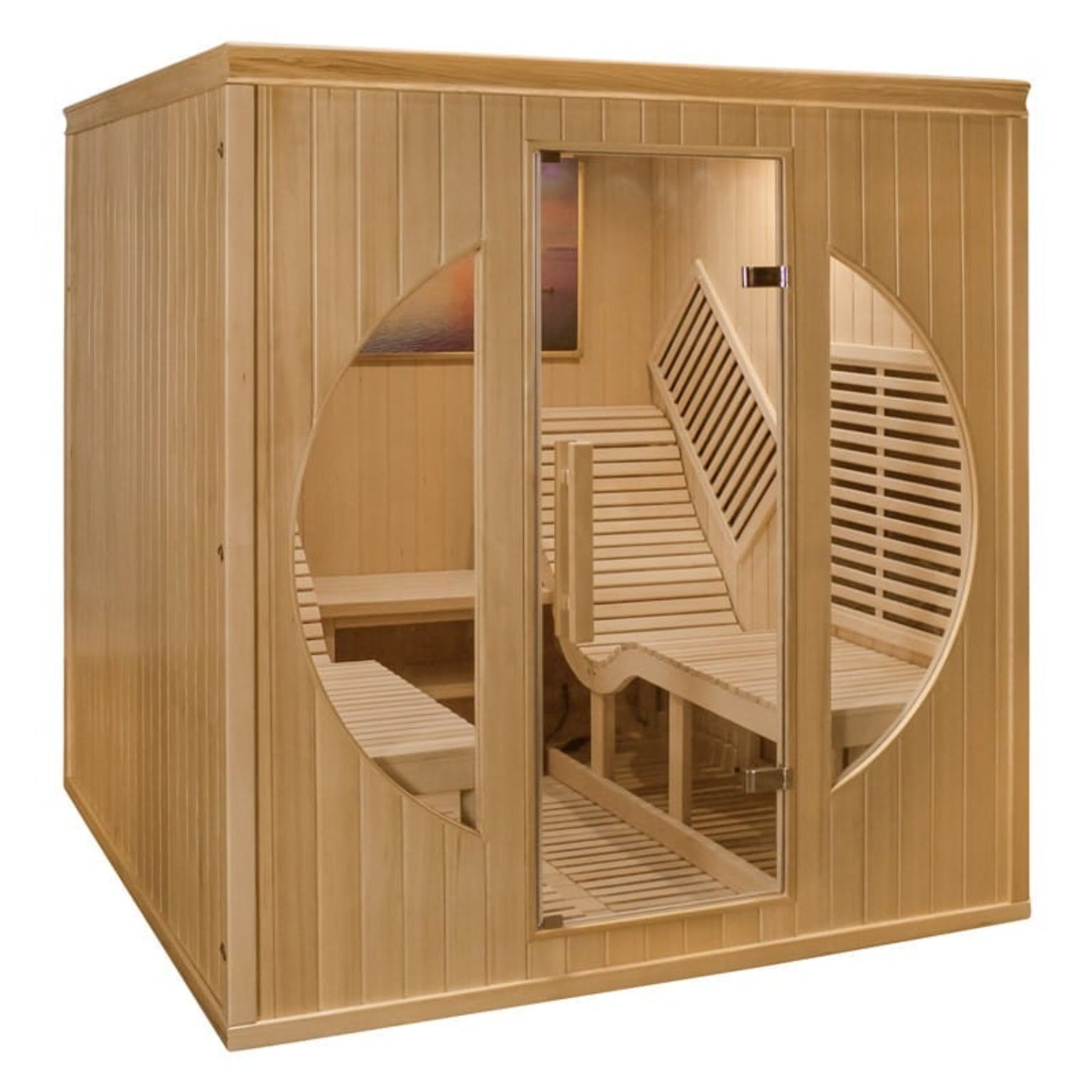 Wooden sauna with benches inside