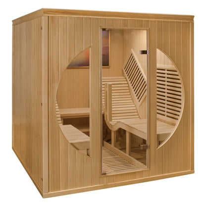 Wooden sauna with benches inside