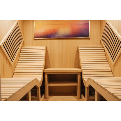 Wooden sauna interior with two chairs and a bench, featuring a colorful abstract painting on the wall.