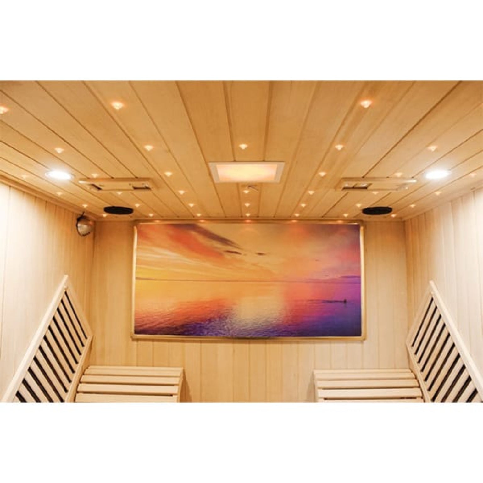 Wooden sauna interior with a sunset painting on the wall.