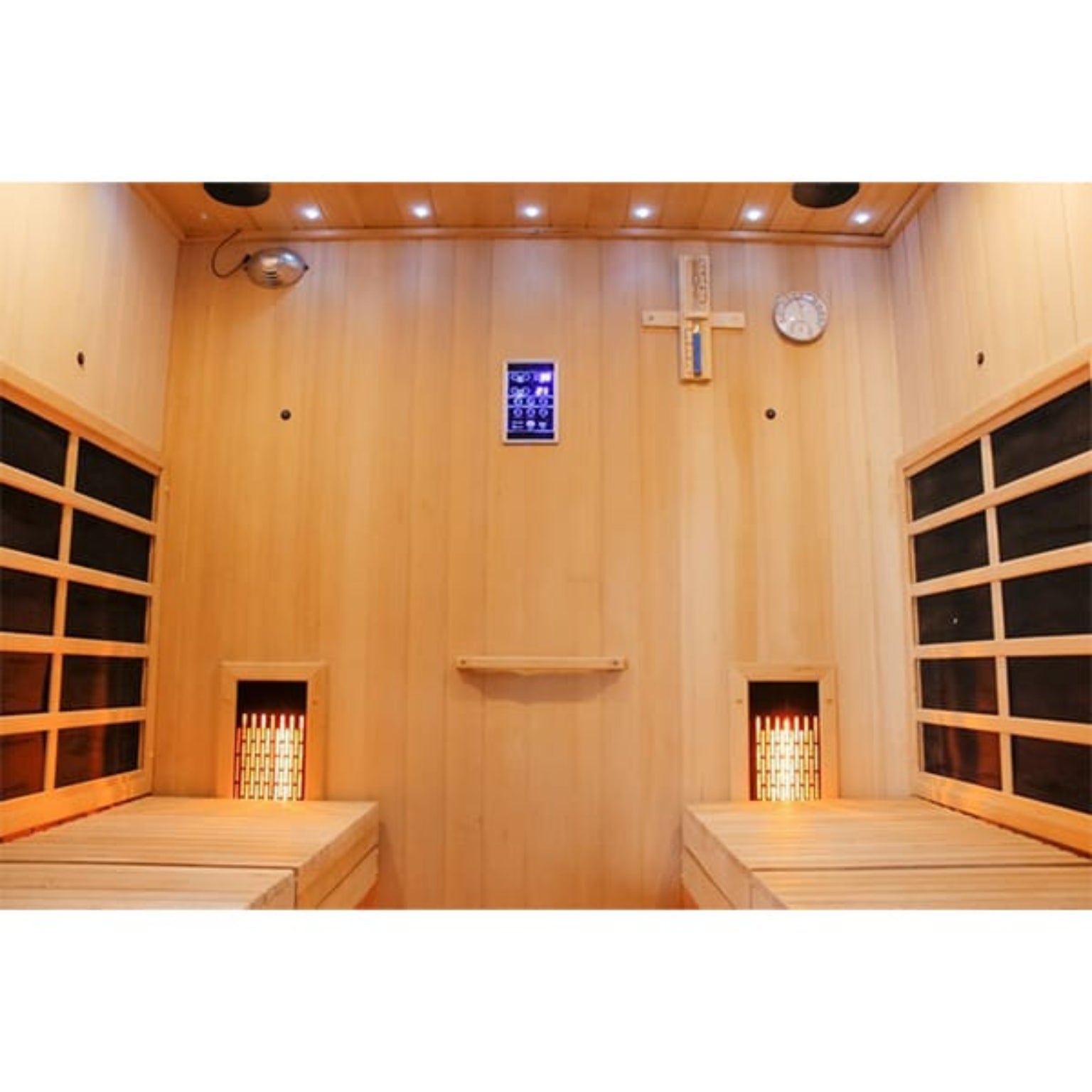 Wooden sauna interior with a digital display and clock on the wall.