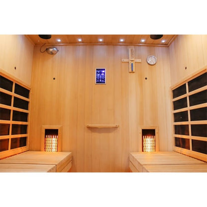 Wooden sauna interior with a digital display and clock on the wall.
