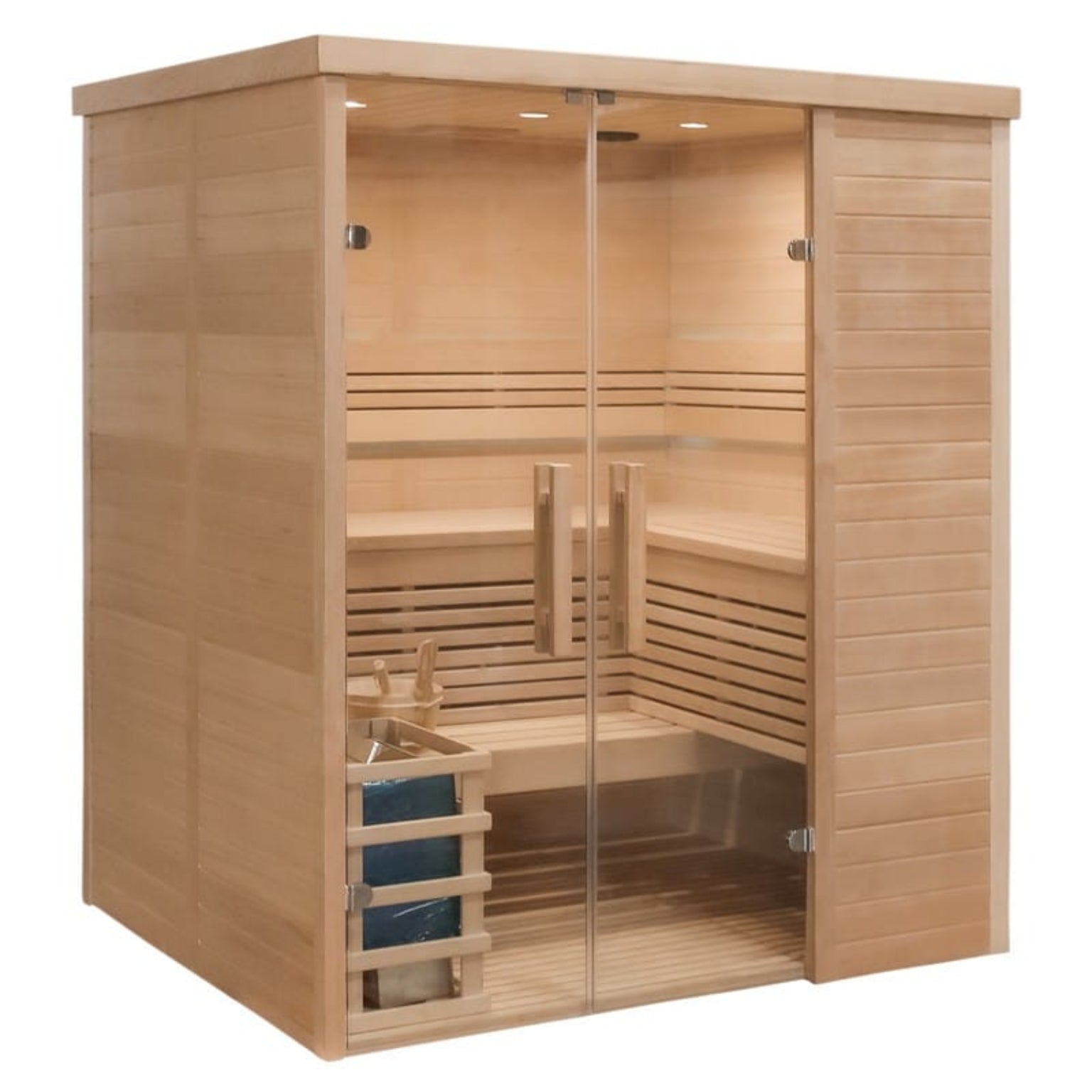 Wooden sauna with glass doors