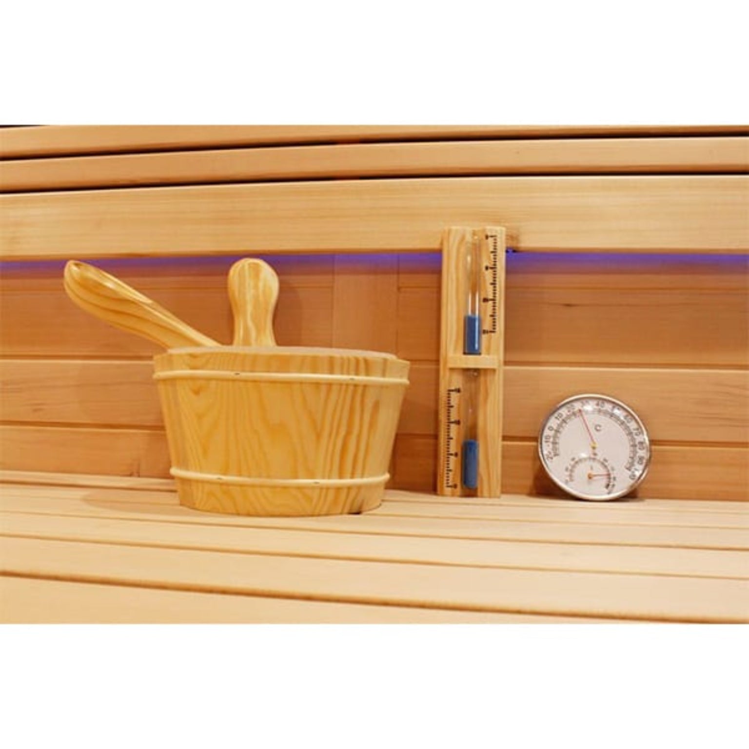Wooden bucket, thermometer, and gauge for CenturaHeat 3 Person Traditional Steam Relax Indoor Sauna