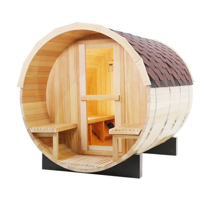 Wooden barrel sauna with a brown roof 