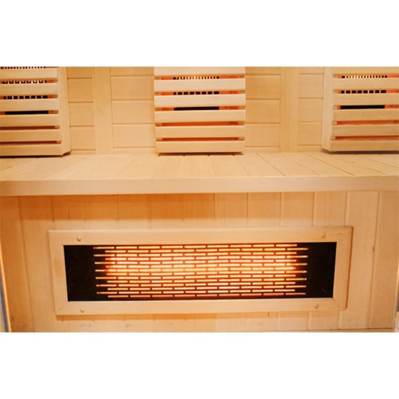 Wooden sauna interior with benches and infrared panels