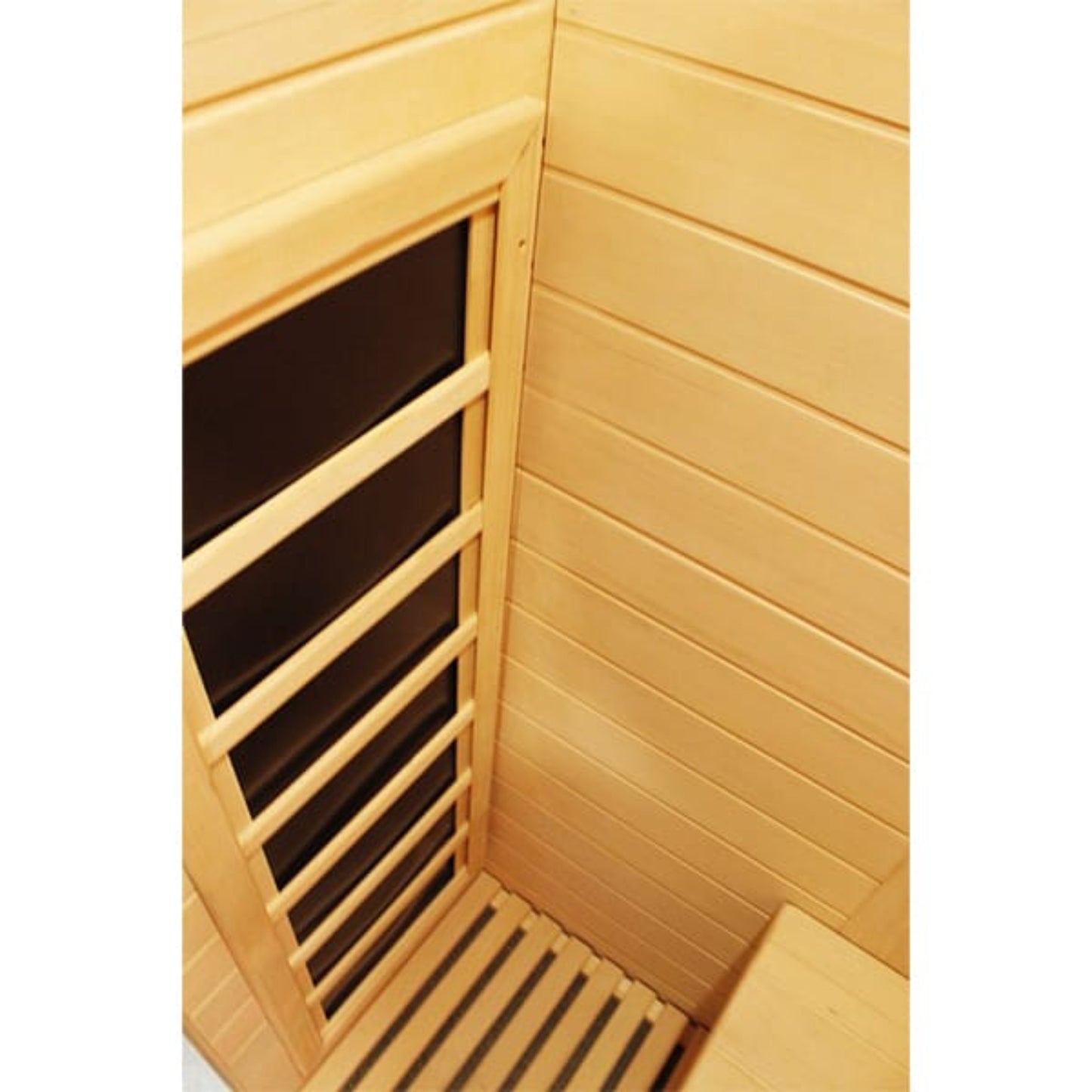 Wooden sauna interior with bench and glass door