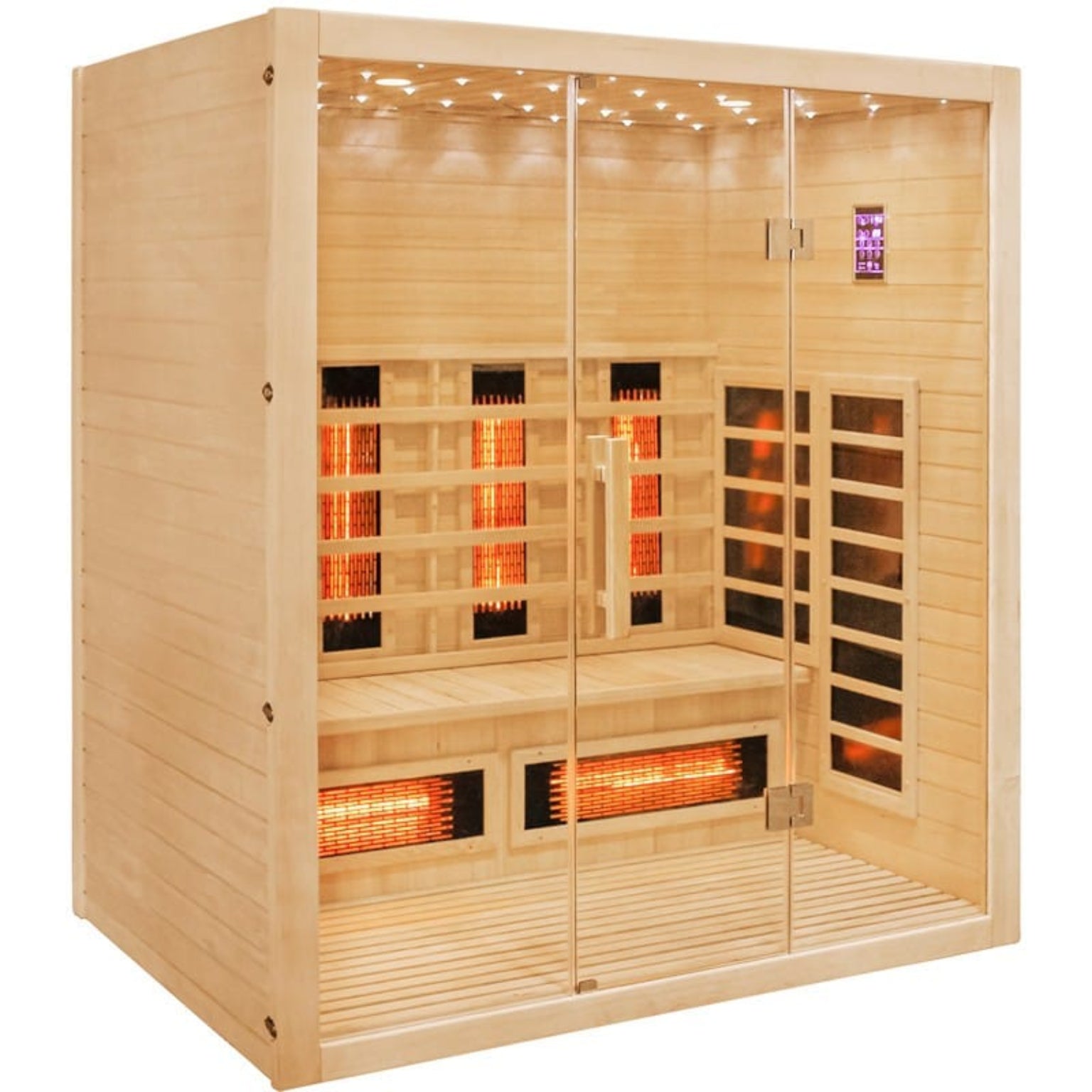 Wooden infrared sauna with glowing lights 