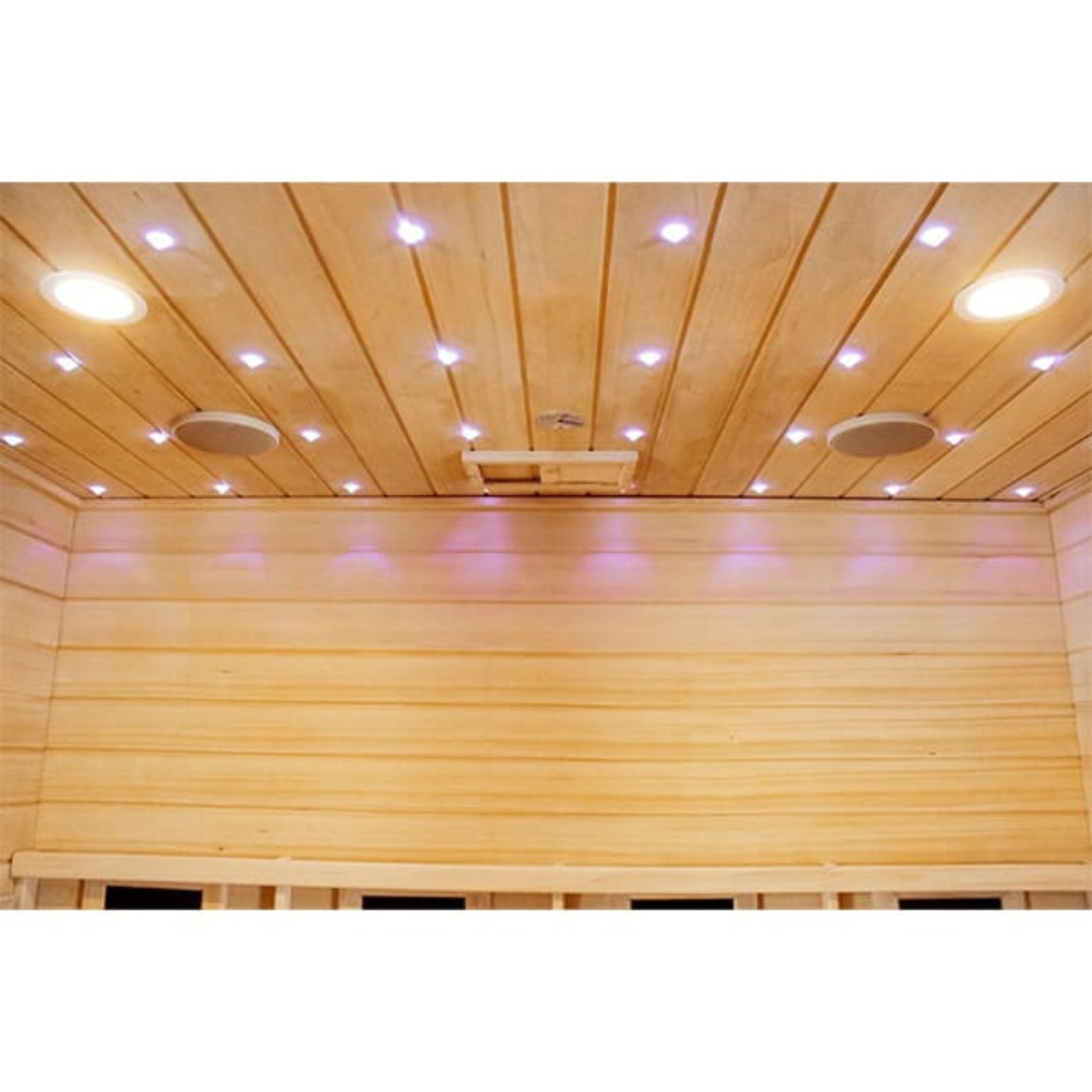 Wooden sauna interior with ceiling lights
