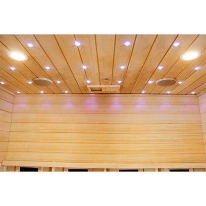Wooden sauna interior with ceiling lights