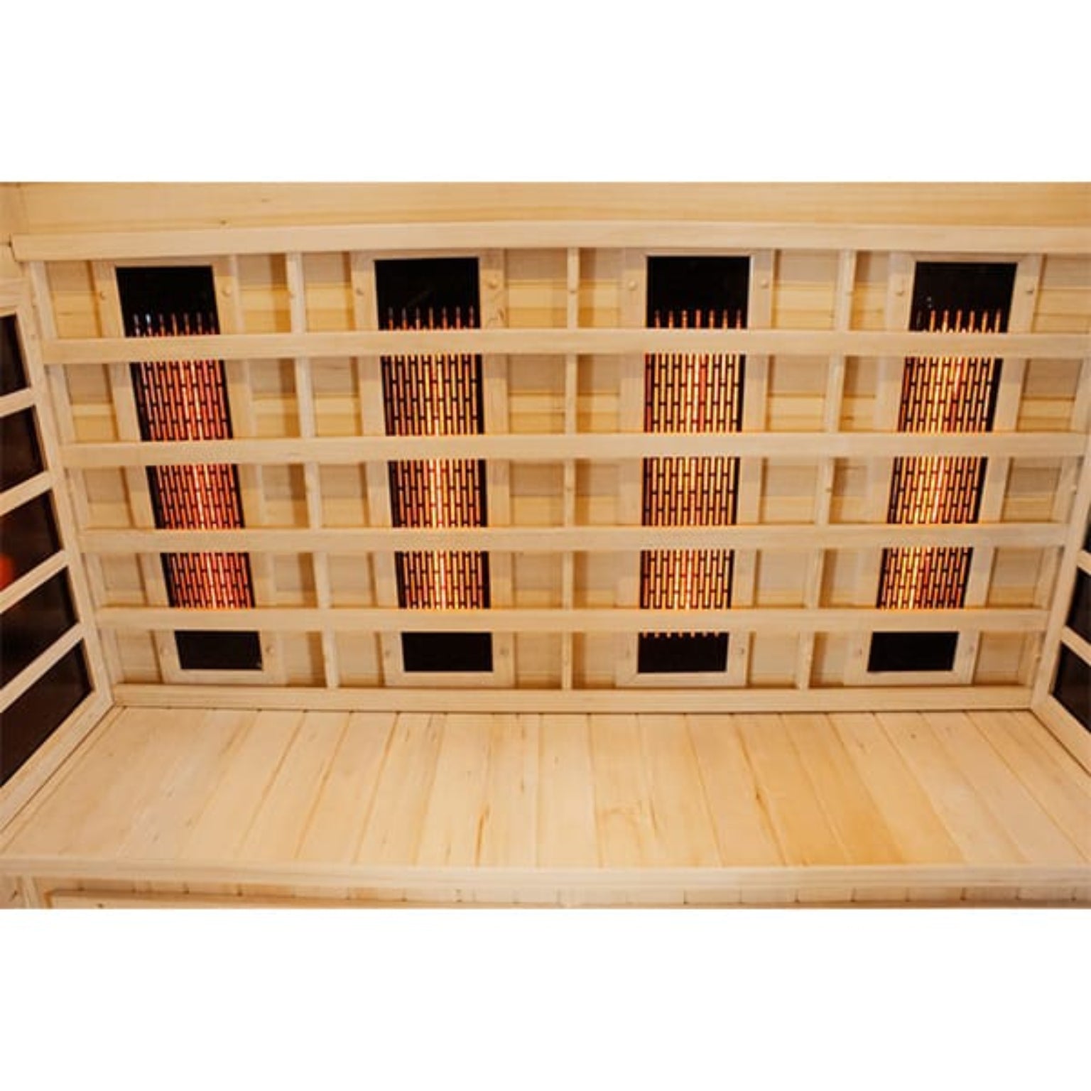 Wooden sauna with infrared lights on a white background