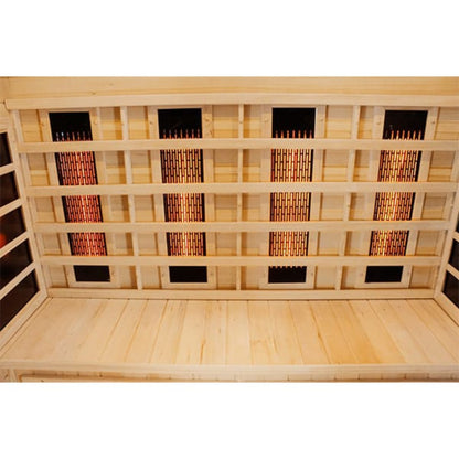 Wooden sauna with infrared lights on a white background