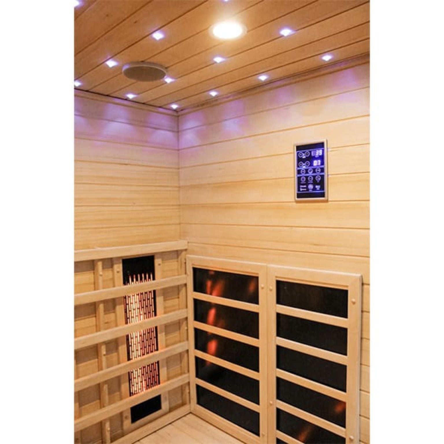 Infrared sauna with wooden walls and ceiling, featuring a control panel.