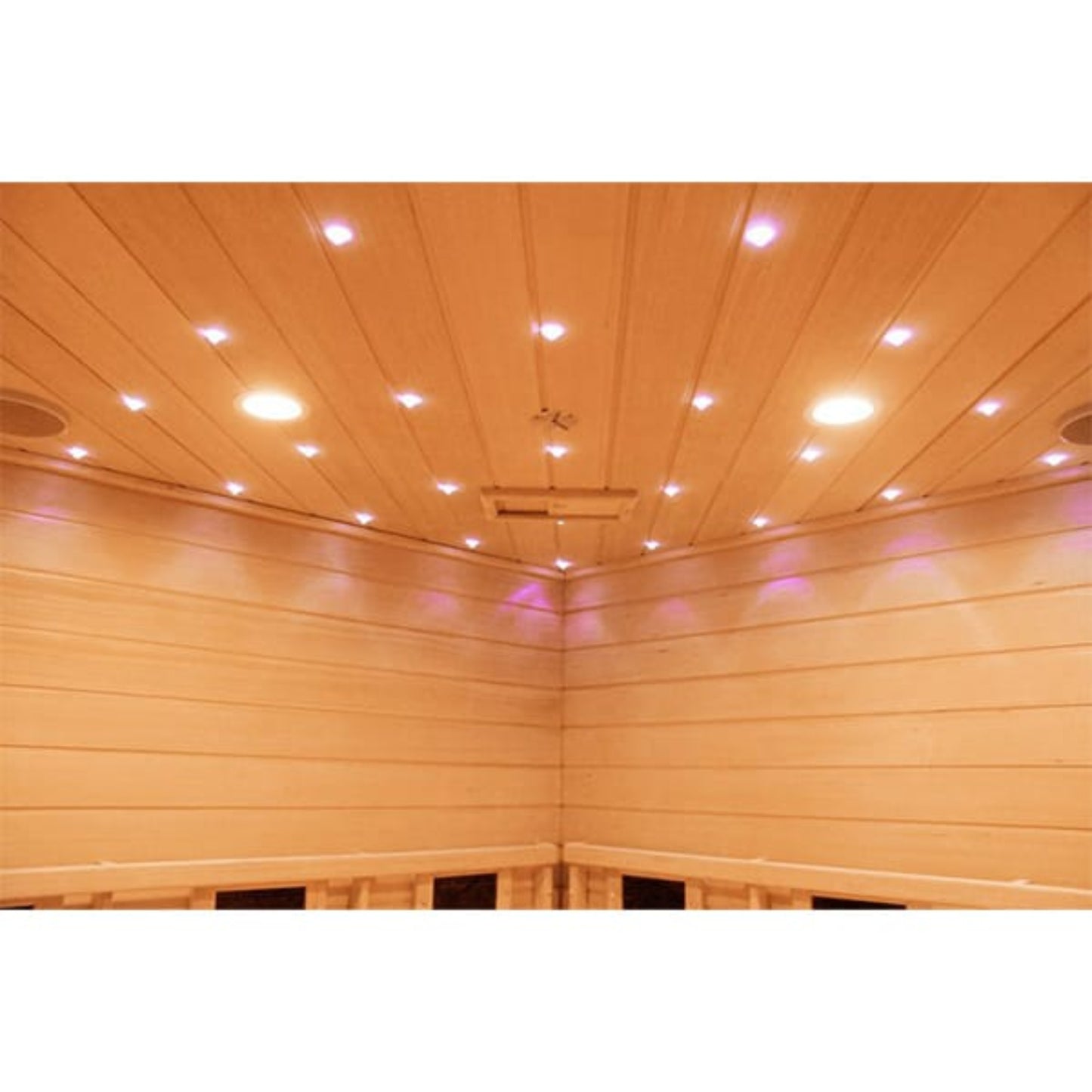 Wooden interior of a sauna with ceiling lights