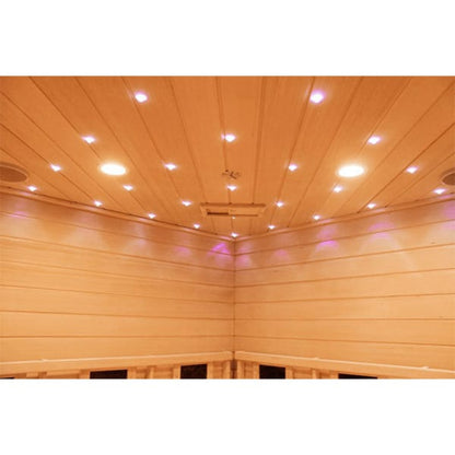 Wooden interior of a sauna with ceiling lights