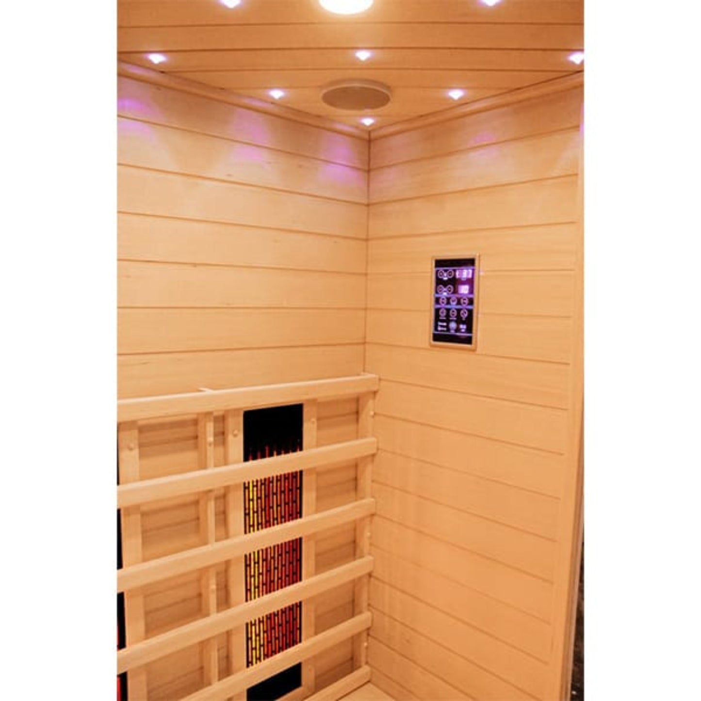 Wooden sauna with digital display panel on the wall