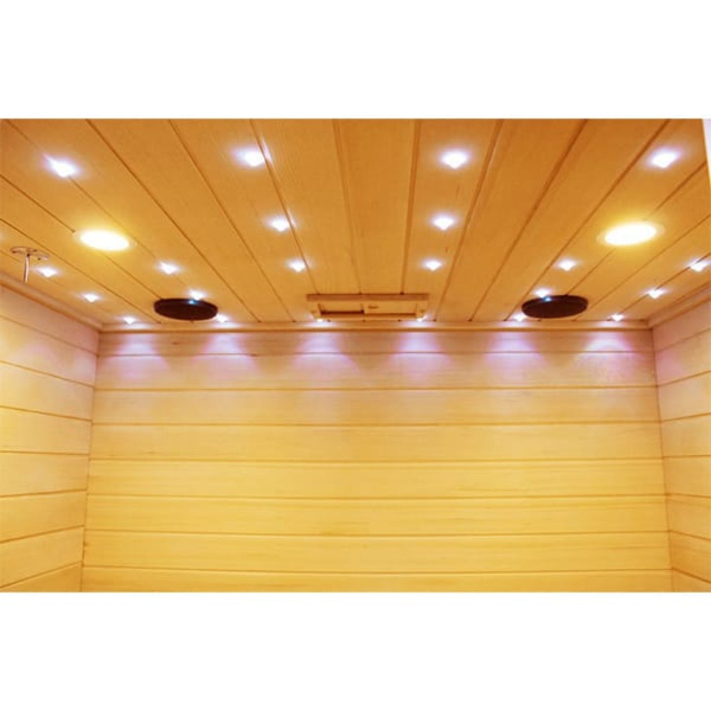 Wooden ceiling with recessed lighting