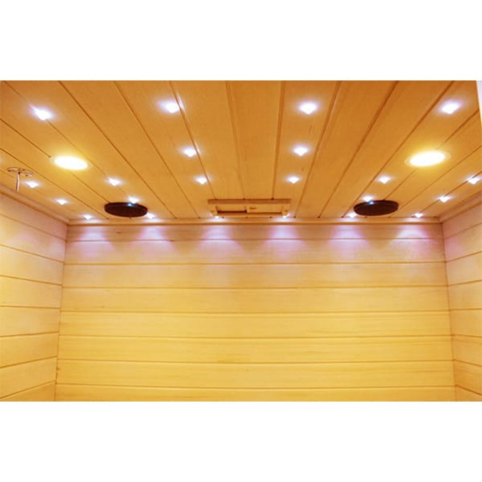 Wooden ceiling with recessed lighting