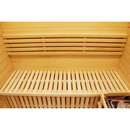 Wooden sauna bench with slatted design