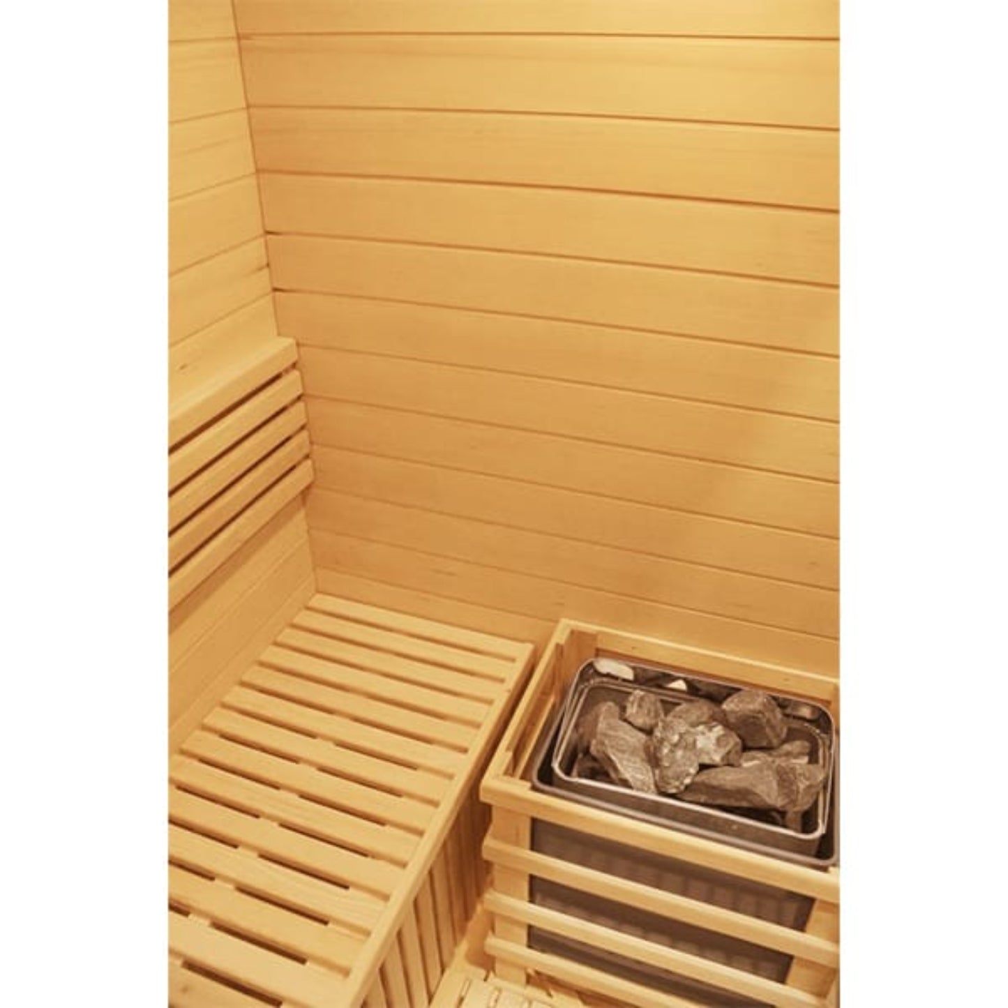 Wooden sauna with bench and a heater of stones inside