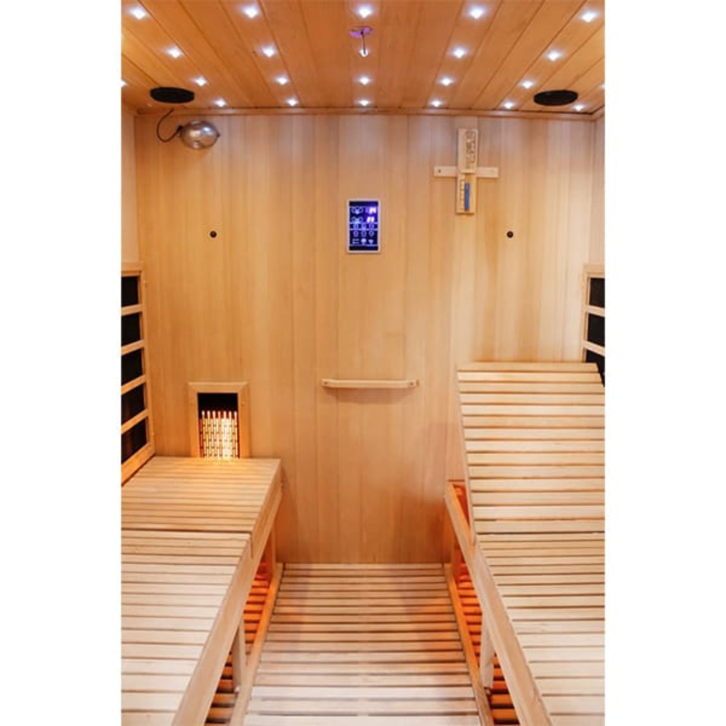 Wooden sauna interior with benches and digital control panel.