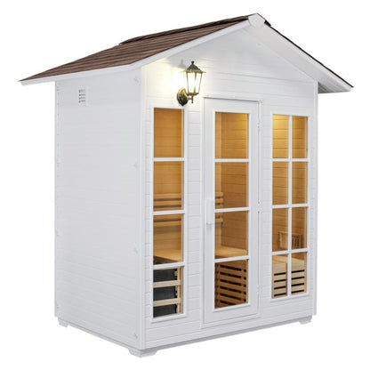 White outdoor sauna with wooden interior and roof light