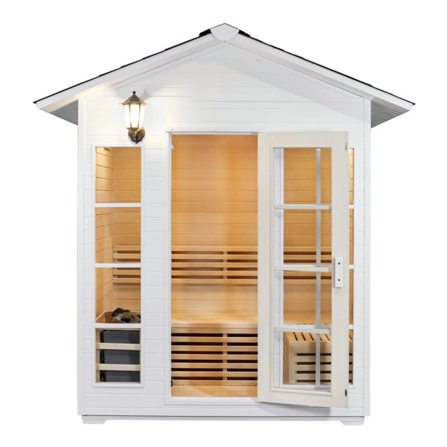 Infrared sauna with wooden interior and white exterior