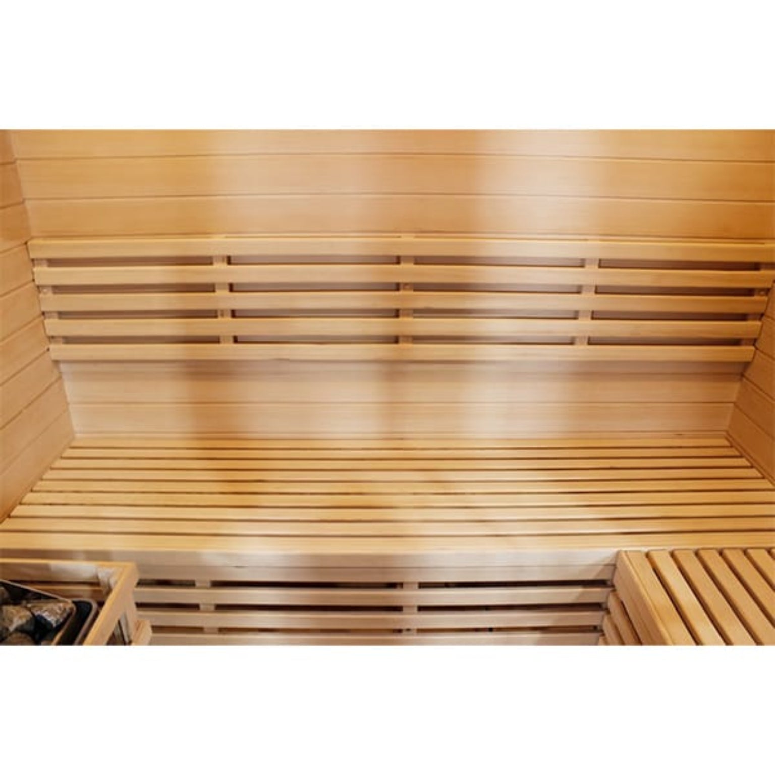 Wooden sauna interior with slatted walls and a bench.