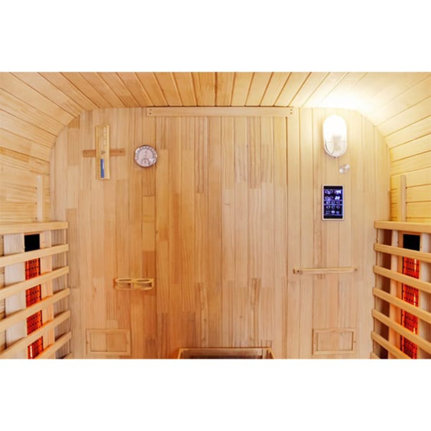 Wooden sauna interior with infrared panels and digital display.