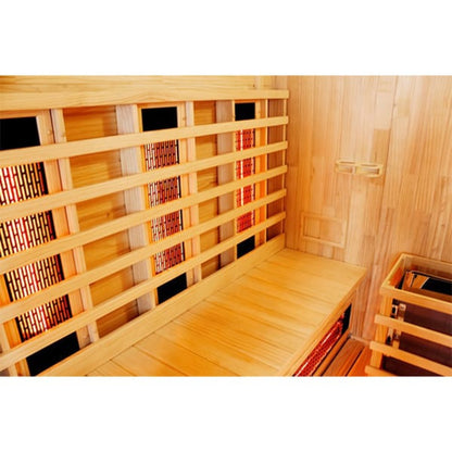 Wooden sauna interior with benches and shelves.