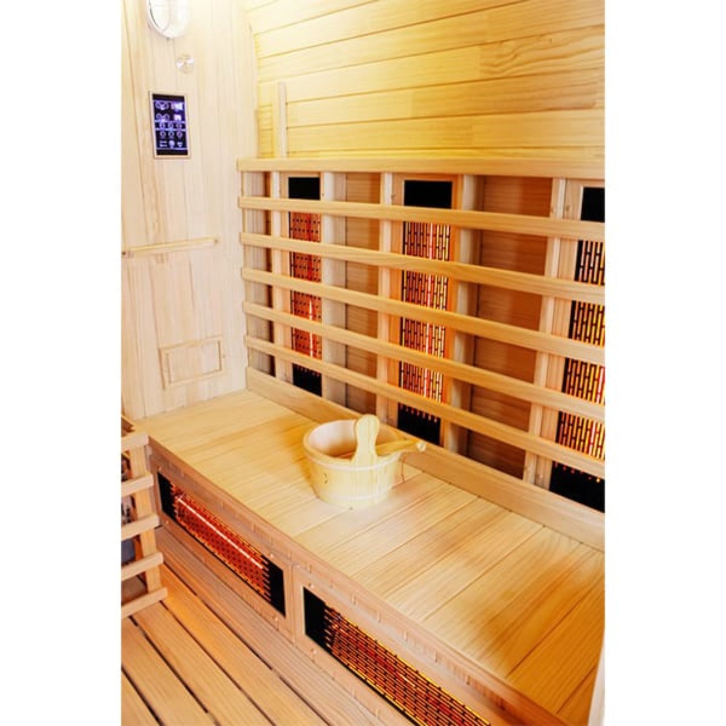 Infrared sauna with wooden interior and a wooden bowl 
