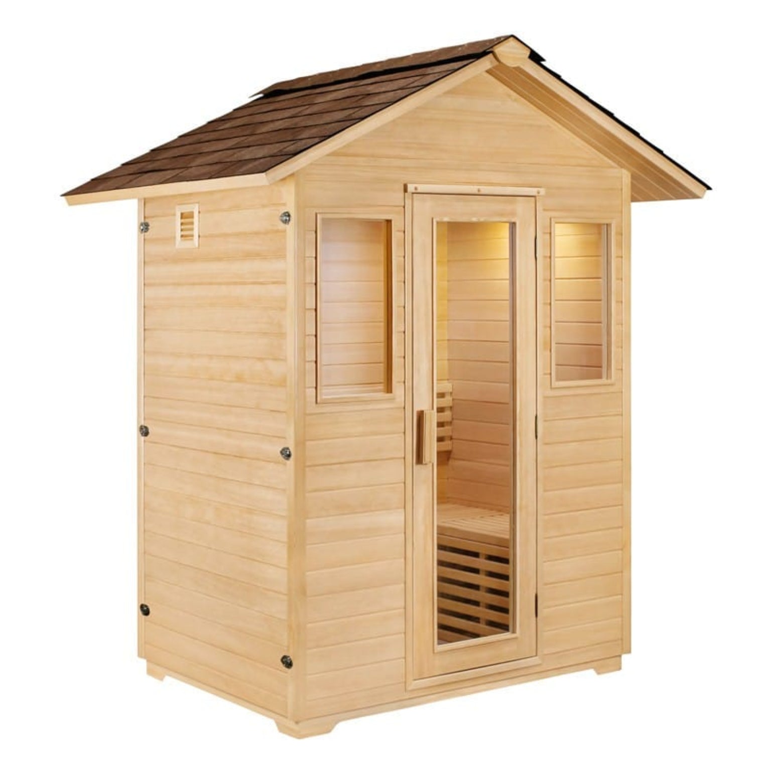 Wooden sauna with a brown roof 