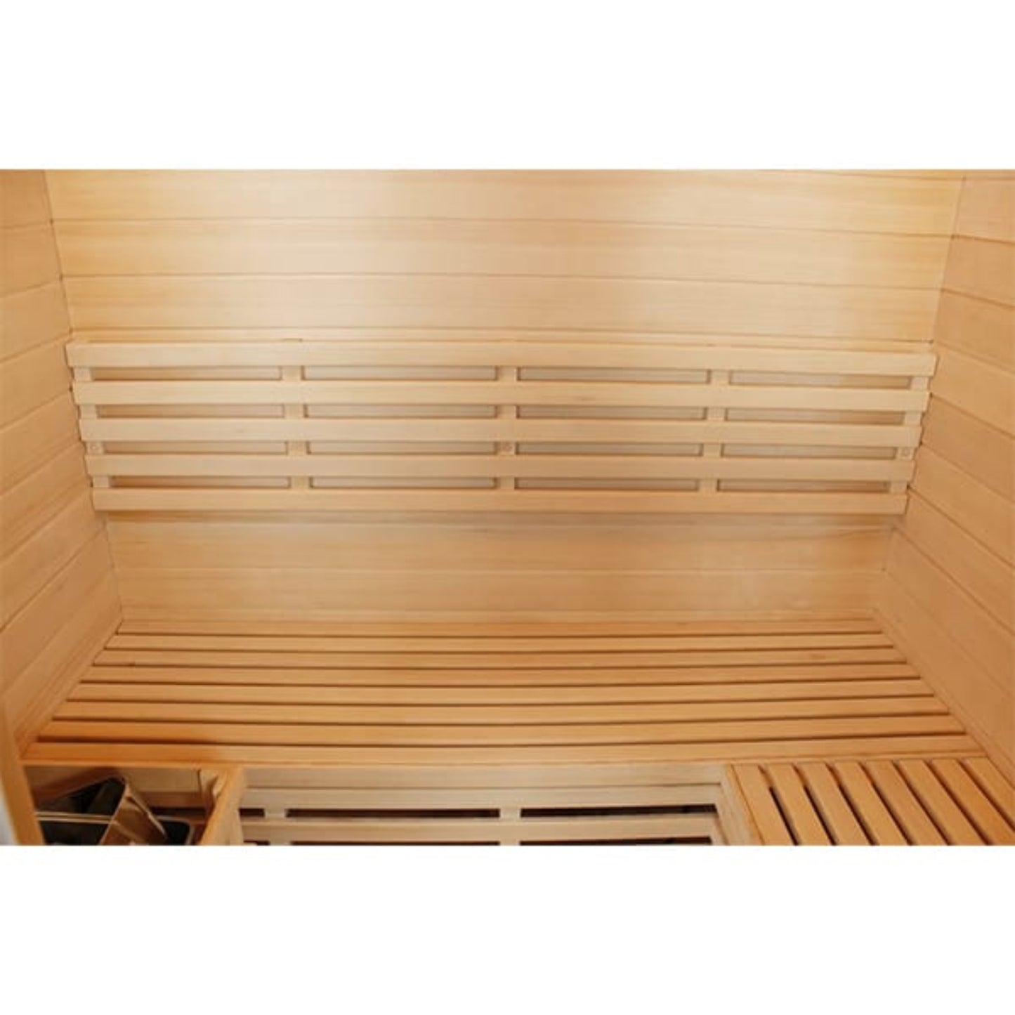 Wooden sauna with bench and wall panels