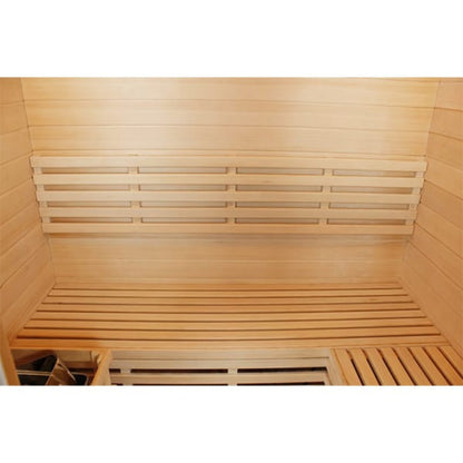 Wooden sauna with bench and wall panels