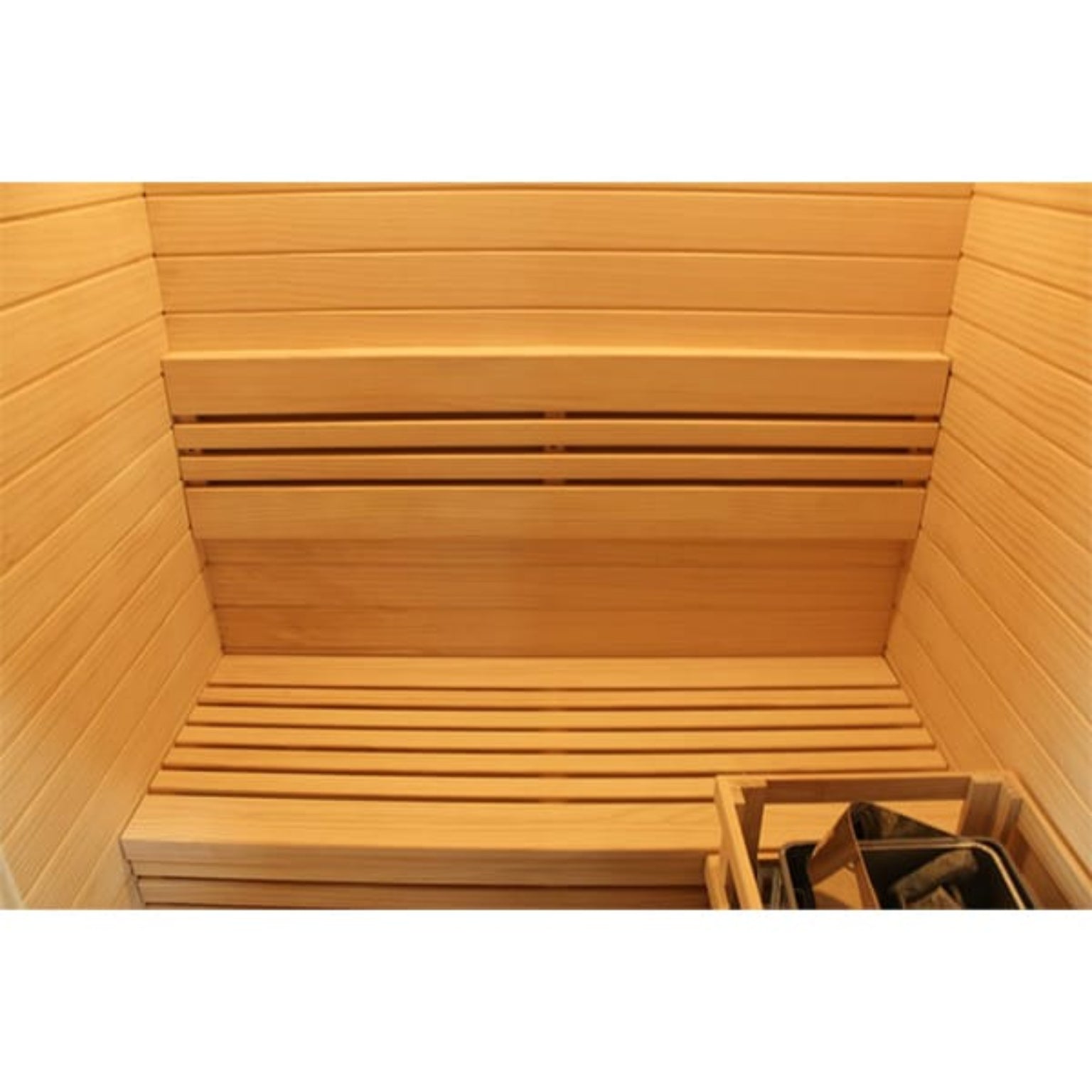 Wooden sauna with bench