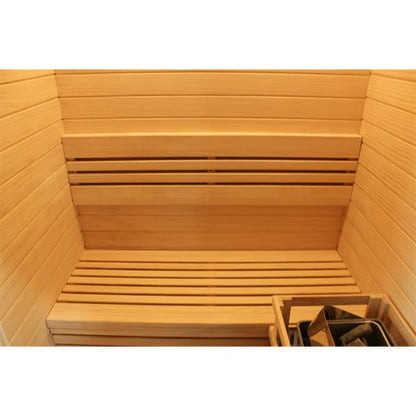 Wooden sauna with bench