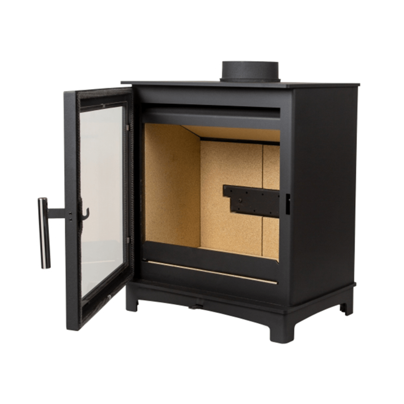 Black metal stove with open door 