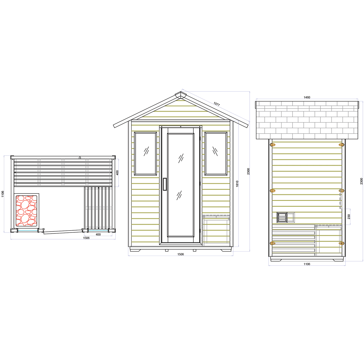 CenturaHeat 3 Person Traditional Outdoor Sauna technical drawings