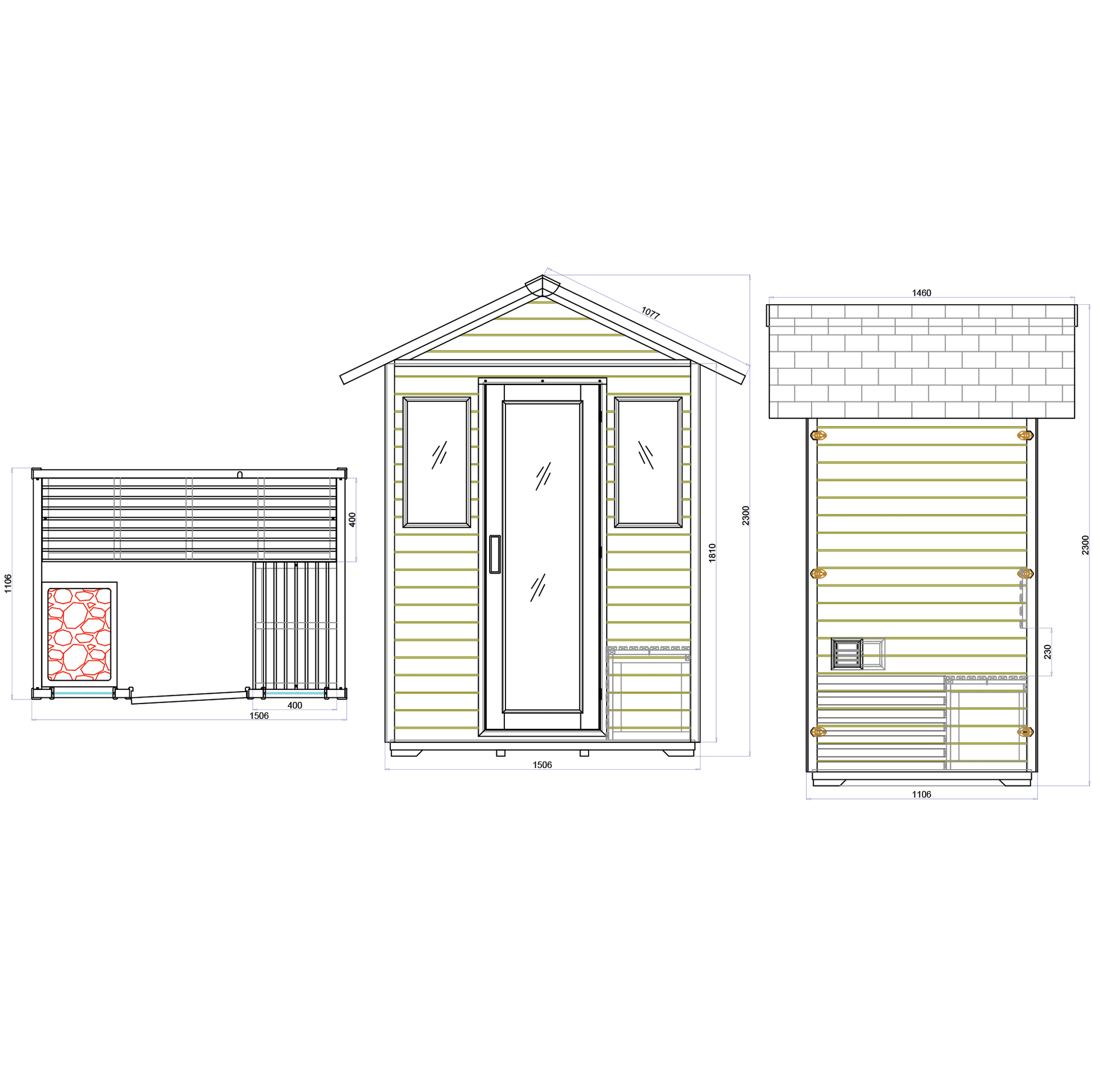 CenturaHeat 3 Person Traditional Outdoor Sauna technical drawings